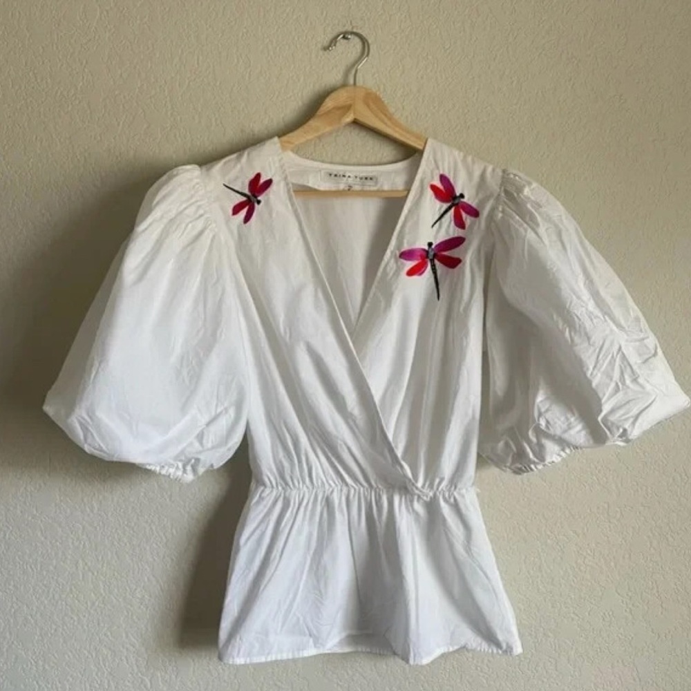 Trina Turk White Puff Sleeve Top with Balloon sleeves & dragonfly embroidery
